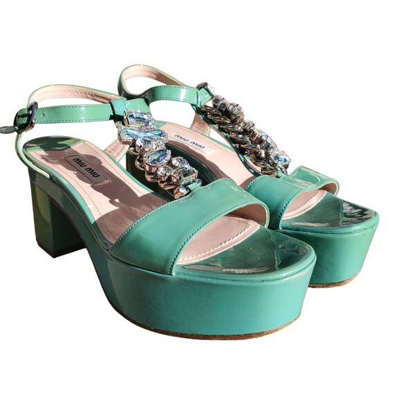 Miu Miu Green Patent Leather Crystal Platform Ankle Strap Sandals - Size 35 - Picture 1 of 9
